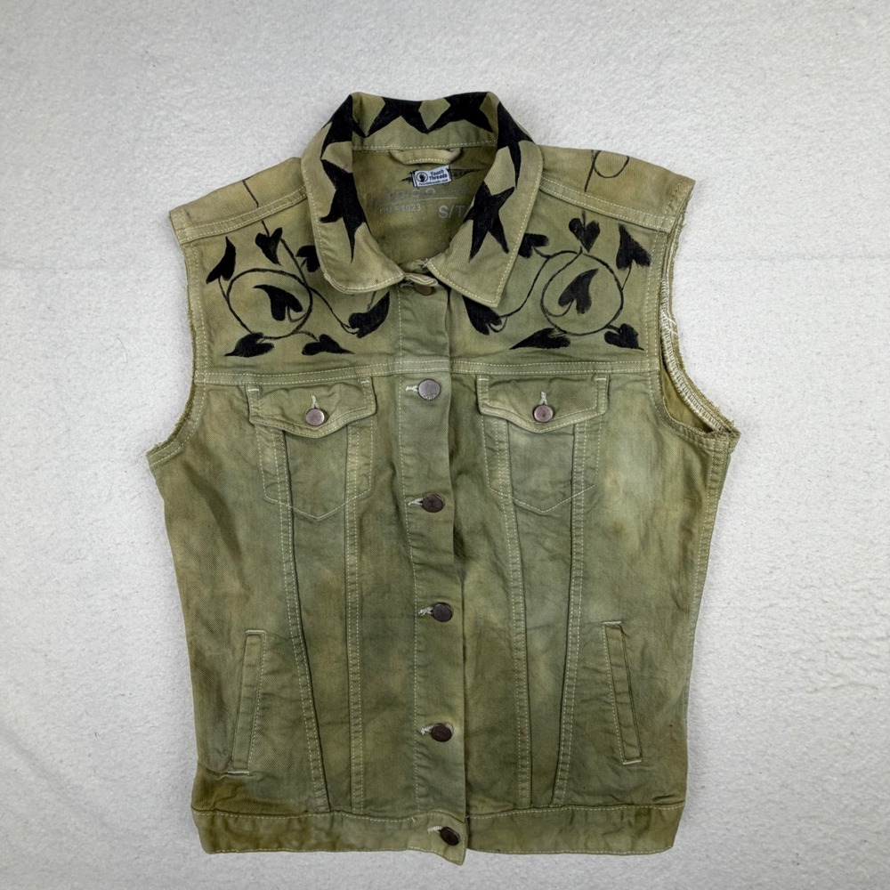 Gap 1969 Touch Threads Hand Painted Crow Ivy Denim Vest Olive Green Small Tall